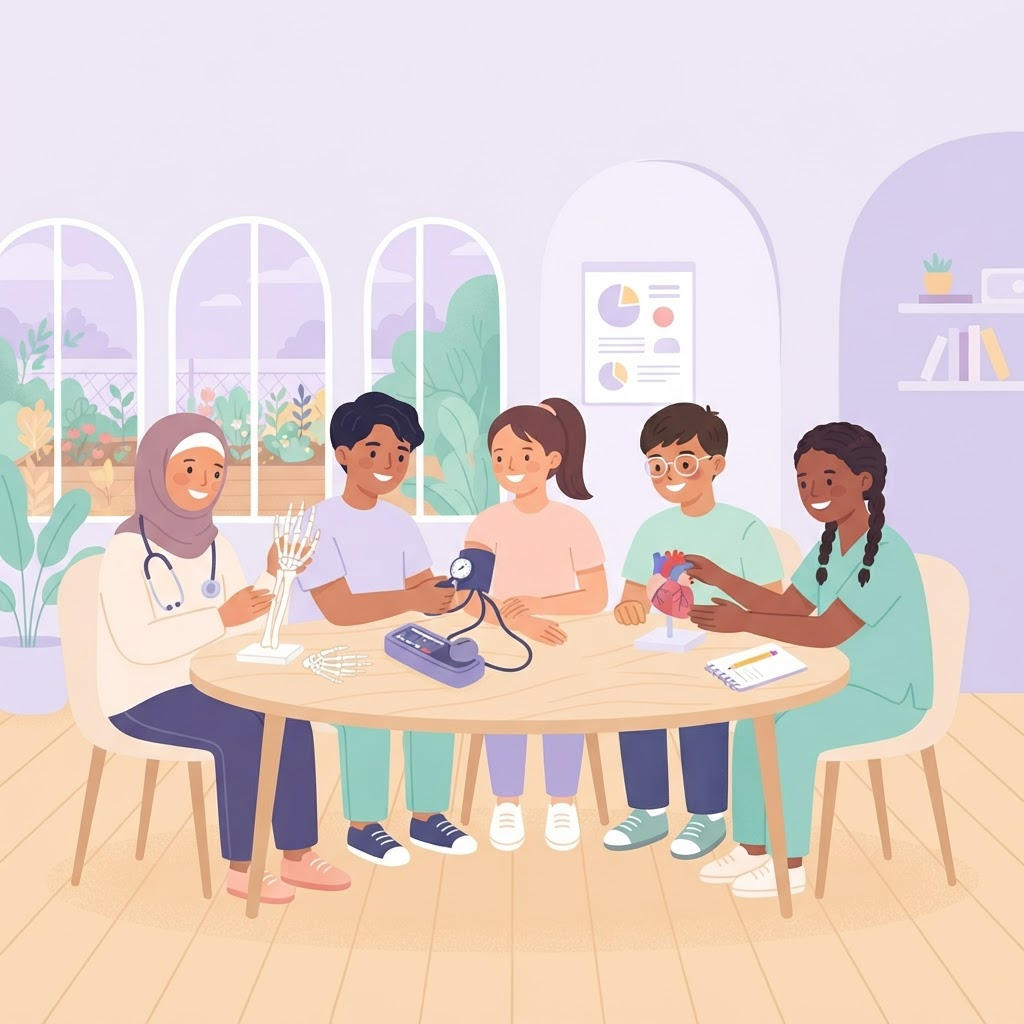 Illustration of teenage students learning about health and nursing together